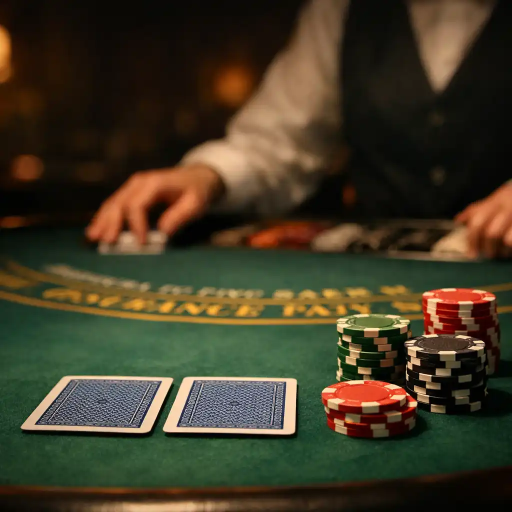 Blackjack asztal kártyákkal és zsetonokkal, meleg félhomályban
